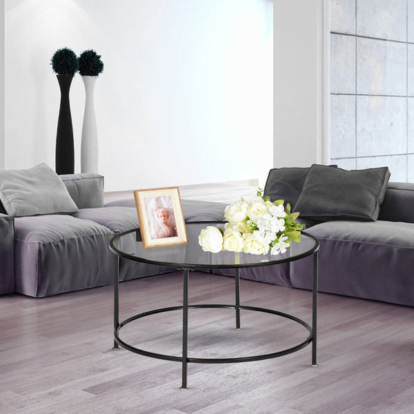 Round Wrought Iron Coffee Table 2 Layers Tempered Glass Countertops Black 36 Inches