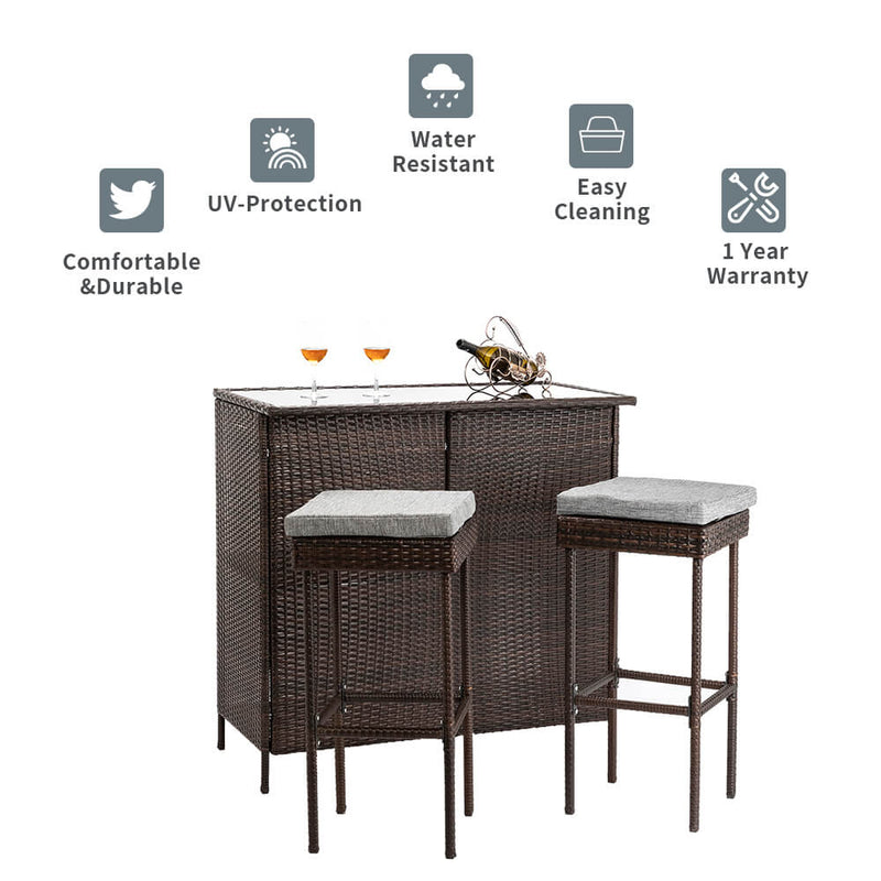 Outdoor 3 Pieces Brown Wicker Bar Set Glass Bar and Two Stools with Cushions
