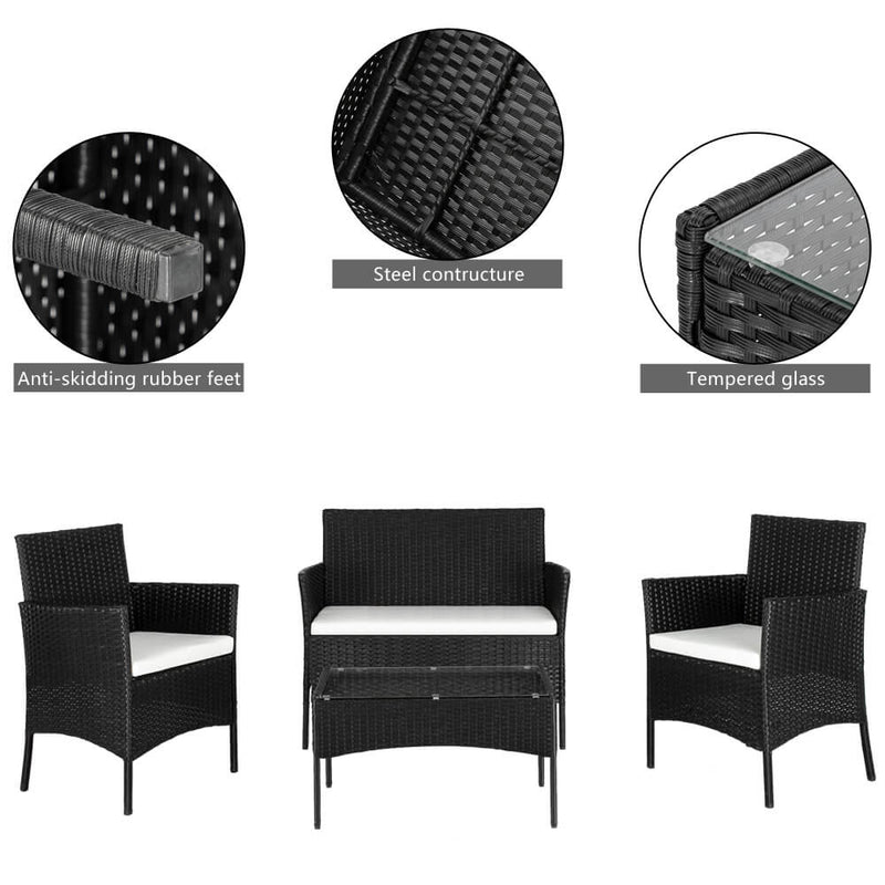 4 Pieces Outdoor Conversation Set Patio Dining Set Rattan Sofa Set Black