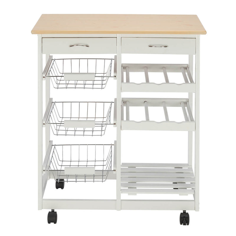 Moveable Kitchen Cart with Two Drawers & Two Wine Racks & Three Baskets White
