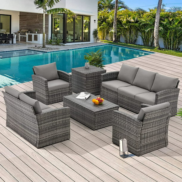 AECOJOY 7 Pieces Outdoor Furniture Set with Storage in Gray
