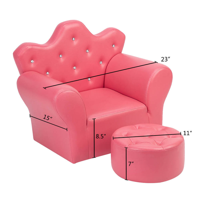 Kids Sofa With Upholstered Armchair with Ottoman Embedded Crystal Rose Red
