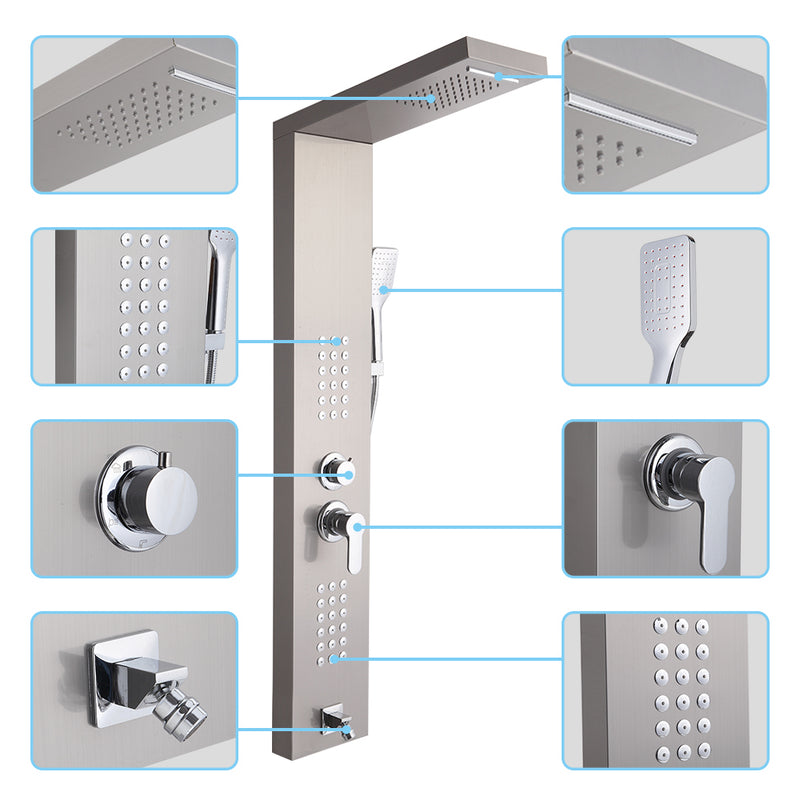Shower System Shower Panel Stainless Steel Multi-Function Silver 18 Holes 48 inch