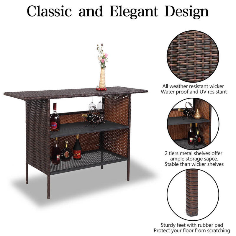 Long Rattan Bar Table Top Iron Mesh Compartment