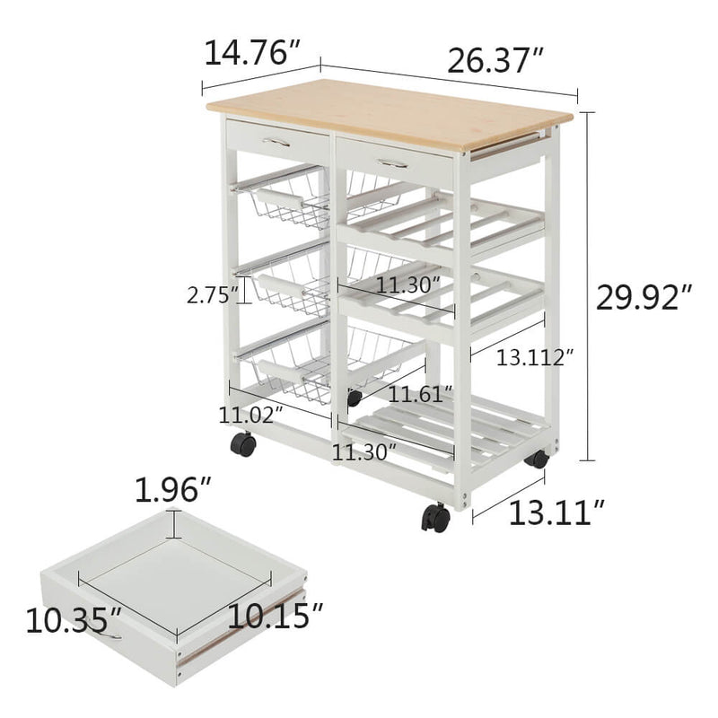 Moveable Kitchen Cart with Two Drawers & Two Wine Racks & Three Baskets White