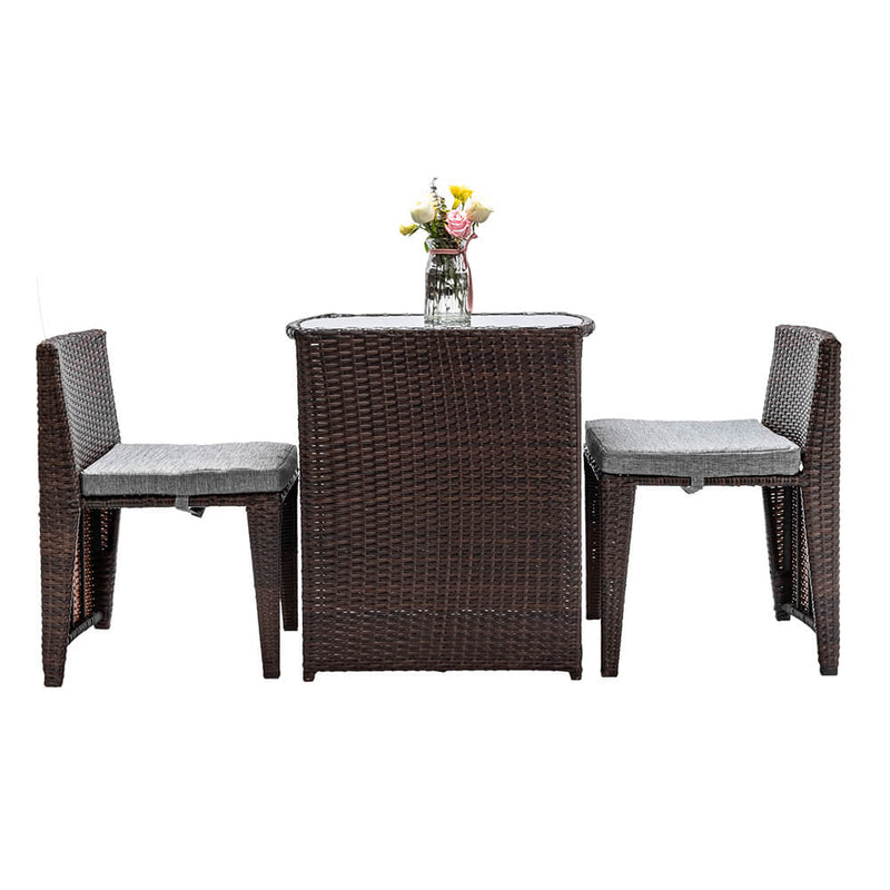 3 Pieces Rattan Wicker Bistro Set with Glass Top Table 2 Chairs Space Saving Design Brown