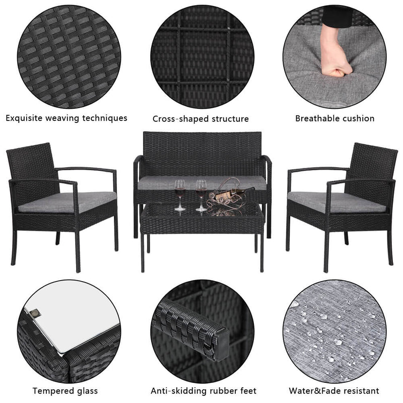 4 Pieces Outdoor Patio Rattan Wicker Furniture Set with Table Sofa Cushioned Black