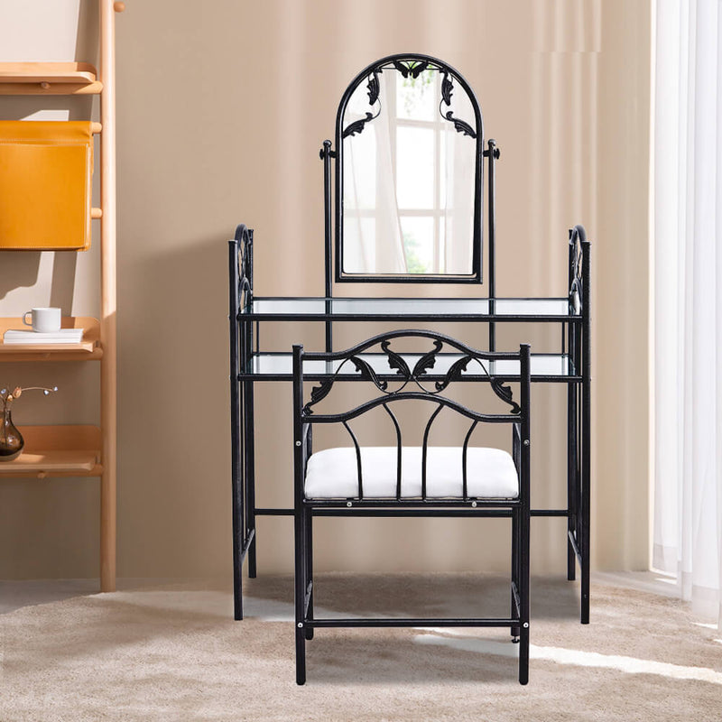 Retro Leaf Pattern Iron Dresser with Back Dressing Stool Bronze