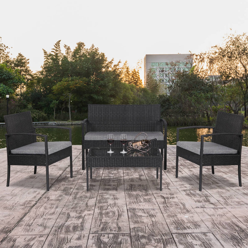 4 Pieces Outdoor Patio Rattan Wicker Furniture Set with Table Sofa Cushioned Black
