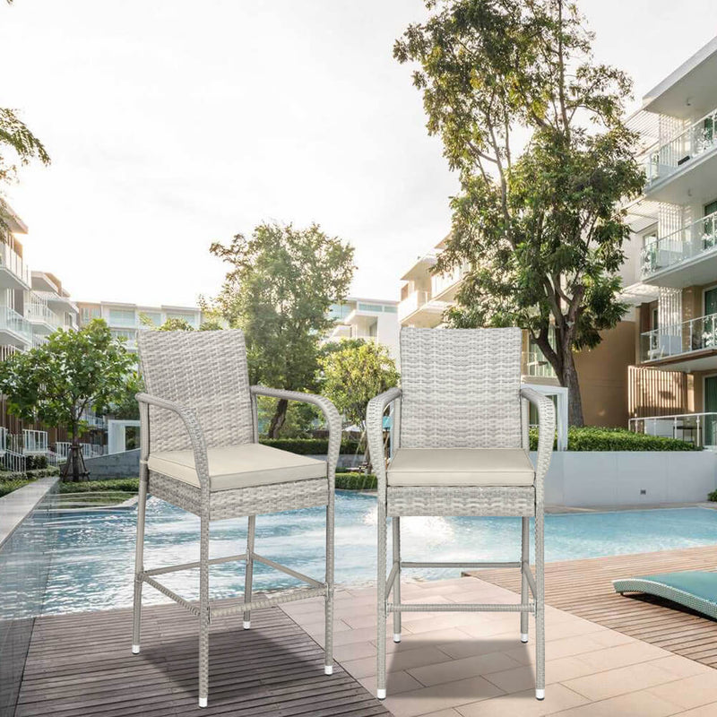 2-Piece Outdoor PE Rattan Wicker Chairs, High Bar Stool Chair, Patio Furniture Set with Cushions Armrest and Footrest, Gray