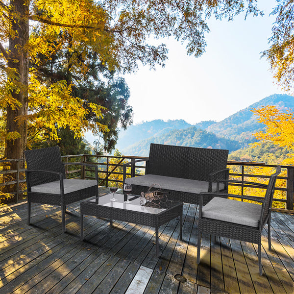4 Pieces Outdoor Patio Rattan Wicker Furniture Set with Table Sofa Cushioned Black