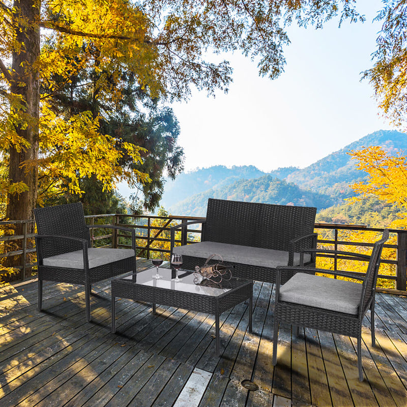 4 Pieces Outdoor Patio Rattan Wicker Furniture Set with Table Sofa Cushioned Black