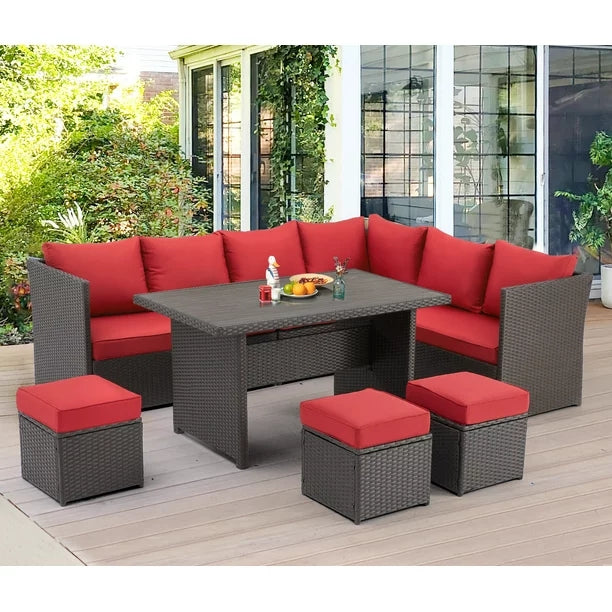 7-Piece Rattan Wicker Sectional Sofa Couch in Red