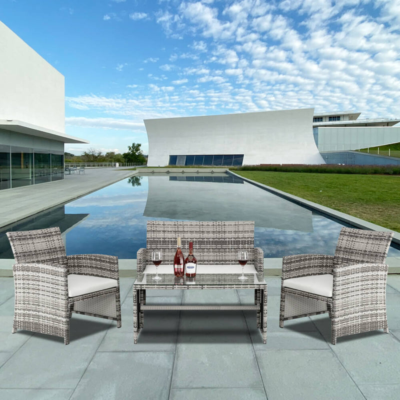 4 Pieces Gray Gradient Pattan Patio Dining Set Combination Sofa With Coffee Table