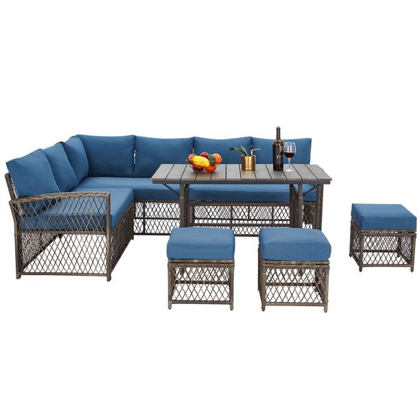 7-Piece Rattan Wicker Sectional Sofa Couch in Navy