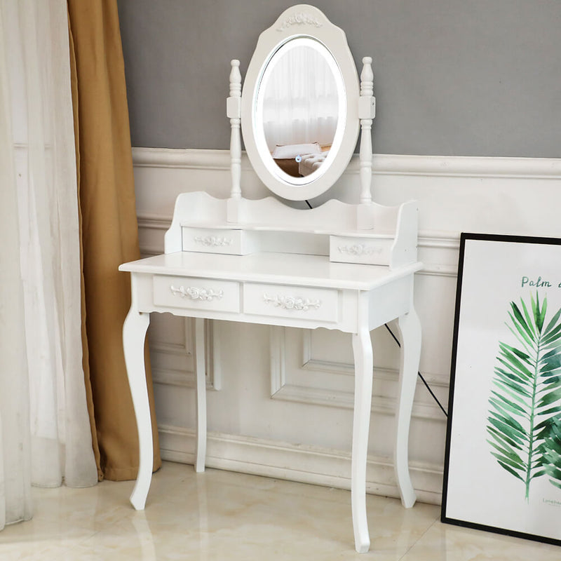Single Mirror 4 Drawer Round Mirror Dresser White