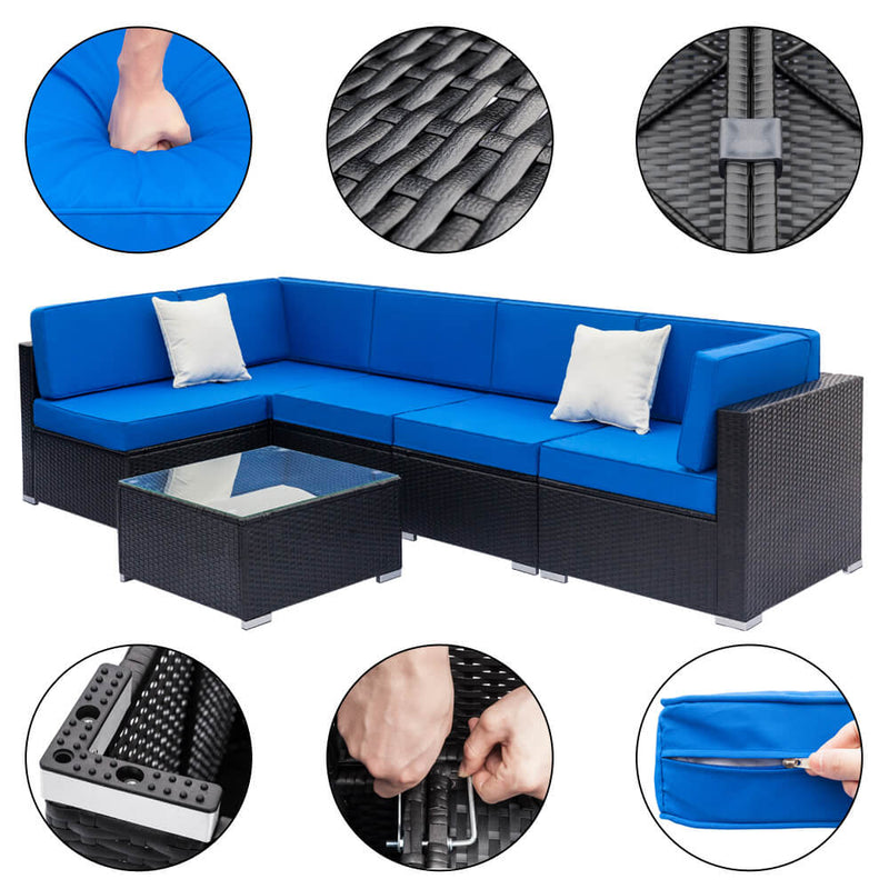 Fully Equipped Weaving Rattan Sofa Set with 2pcs Corner Sofas & 3pcs Single Sofas & 1 pcs Coffee Table Black