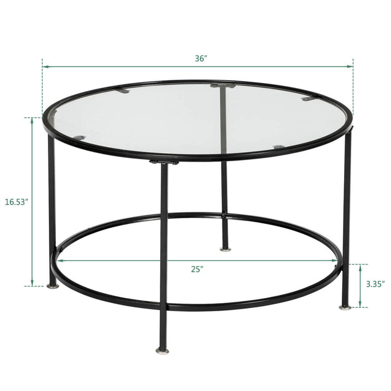 Round Wrought Iron Coffee Table 2 Layers Tempered Glass Countertops Black 36 Inches