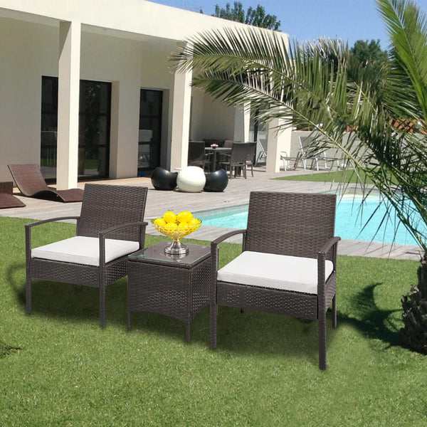 3-Piece Wicker Patio Dining Furniture Set, Rattan Sofa Conversation Set, Arm Chairs Coffee Table with Cushions & Tempered Glass Tabletop