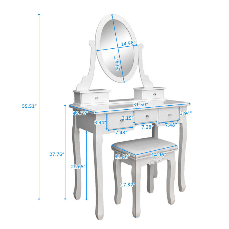 Single Mirror 5 Drawers Dressing Table, White