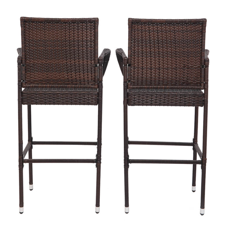 2 Pieces Rattan Bar Chair Patio Stool With Cushion Brown