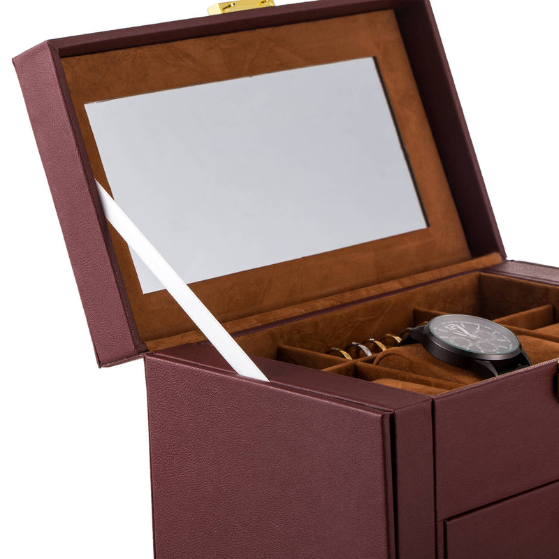 Synthetic Leather Huge Jewelry Box Mirrored Watch Organizer Storage Lockable Gift Case Brown