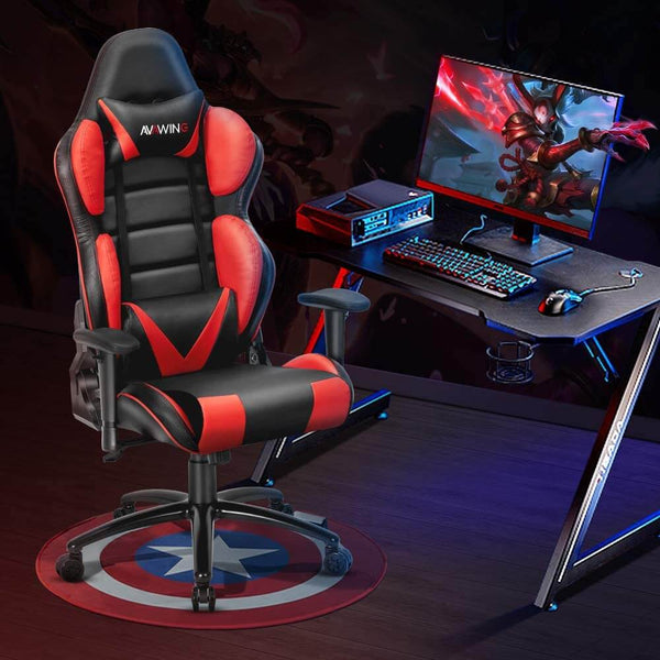 Homhum Ergonomic Reclining Gaming Chair, Leather Racing Chair with High Backrest and Adjustable Seat, E-Sports Chair with Lumbar Pillow, Red
