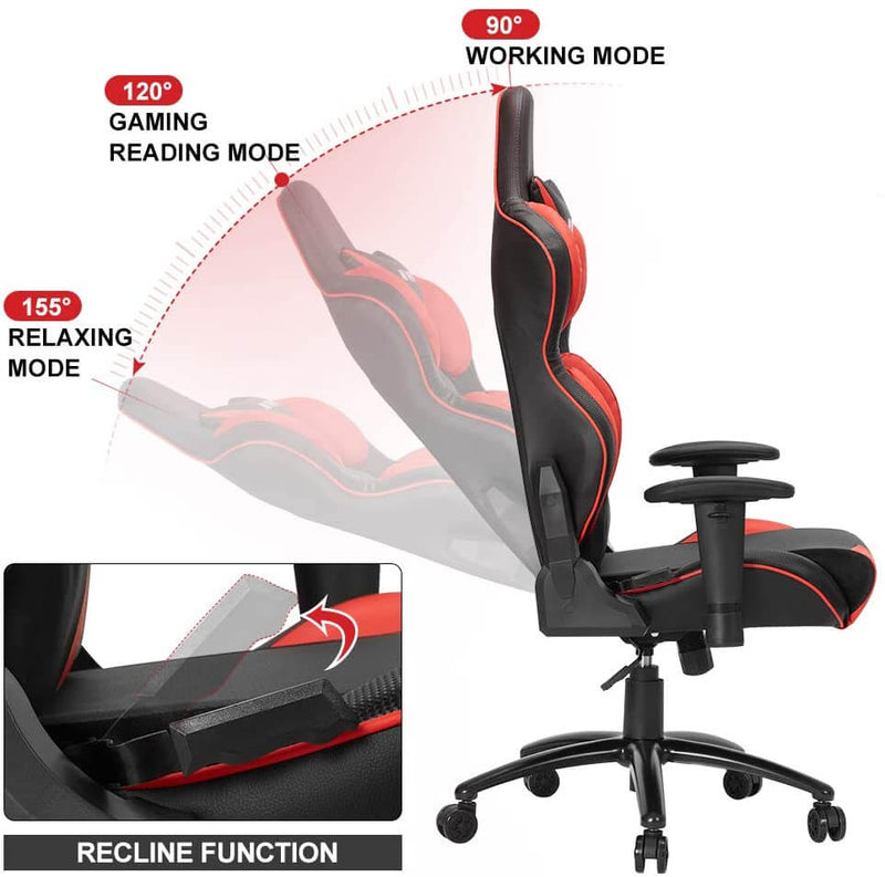Homhum Ergonomic Reclining Gaming Chair, Leather Racing Chair with High Backrest and Adjustable Seat, E-Sports Chair with Lumbar Pillow, Red