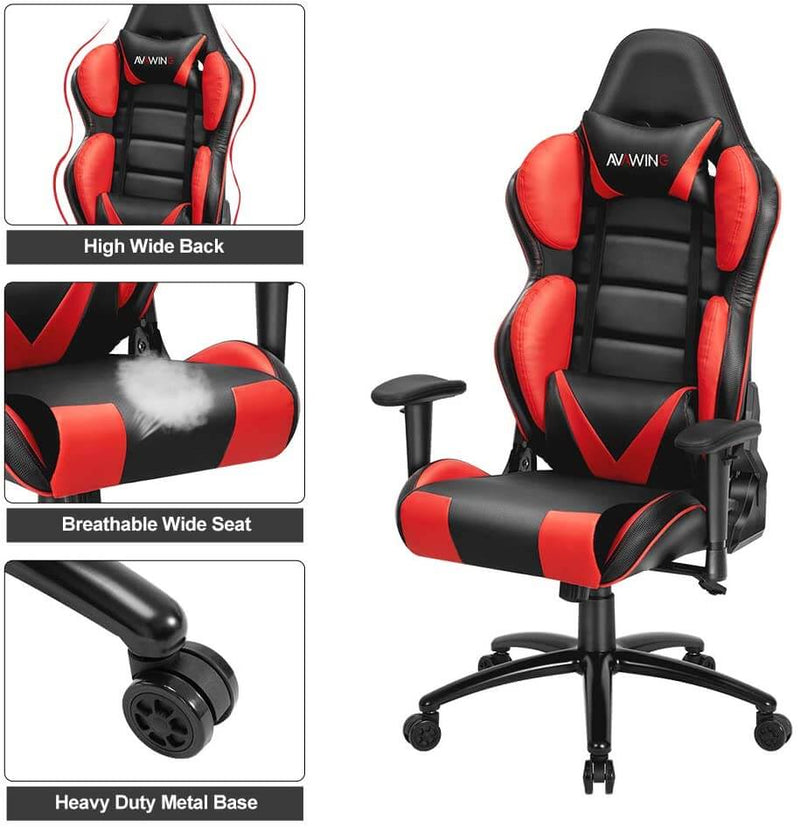 Homhum Ergonomic Reclining Gaming Chair, Leather Racing Chair with High Backrest and Adjustable Seat, E-Sports Chair with Lumbar Pillow, Red
