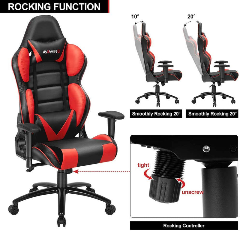 Homhum Ergonomic Reclining Gaming Chair, Leather Racing Chair with High Backrest and Adjustable Seat, E-Sports Chair with Lumbar Pillow, Red