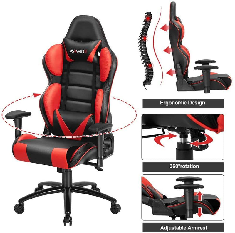 Homhum Ergonomic Reclining Gaming Chair, Leather Racing Chair with High Backrest and Adjustable Seat, E-Sports Chair with Lumbar Pillow, Red