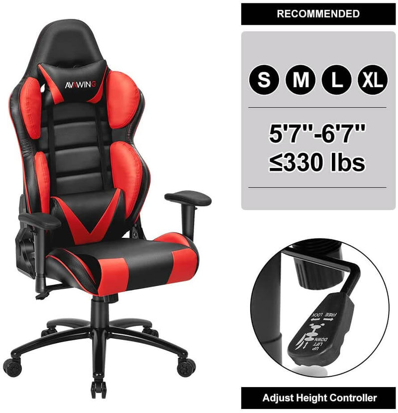 Homhum Ergonomic Reclining Gaming Chair, Leather Racing Chair with High Backrest and Adjustable Seat, E-Sports Chair with Lumbar Pillow, Red