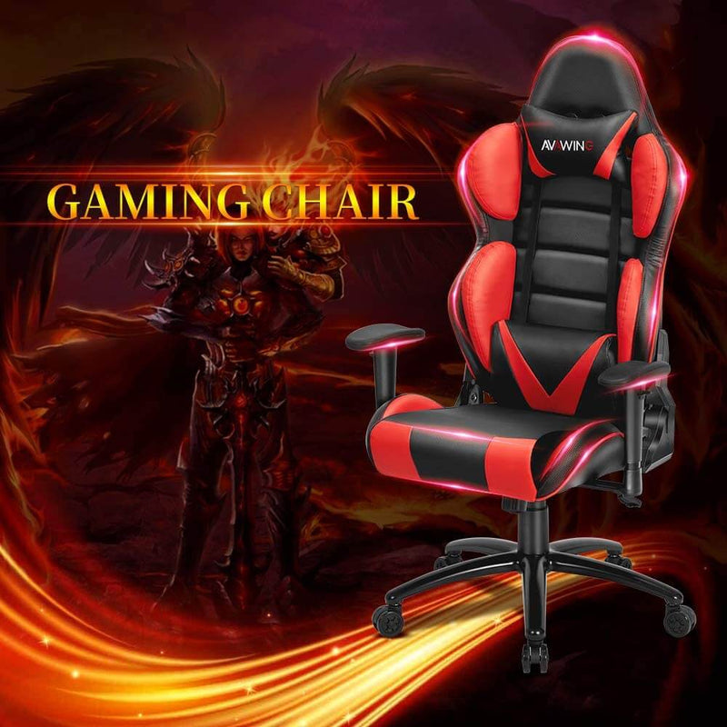 Homhum Ergonomic Reclining Gaming Chair, Leather Racing Chair with High Backrest and Adjustable Seat, E-Sports Chair with Lumbar Pillow, Red
