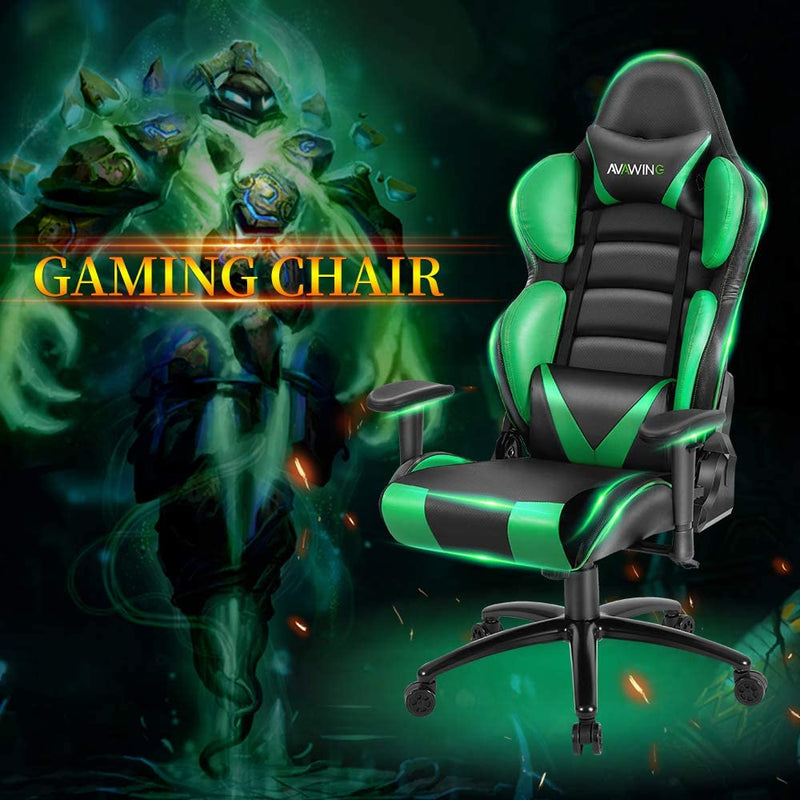 Homhum Ergonomic Reclining Gaming Chair, Leather Racing Chair with High Backrest and Adjustable Seat, E-Sports Chair with Lumbar Pillow, Green
