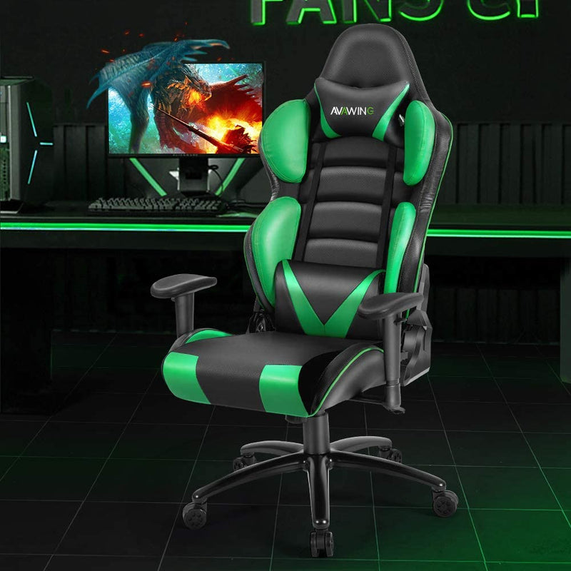 Homhum Ergonomic Reclining Gaming Chair, Leather Racing Chair with High Backrest and Adjustable Seat, E-Sports Chair with Lumbar Pillow, Green