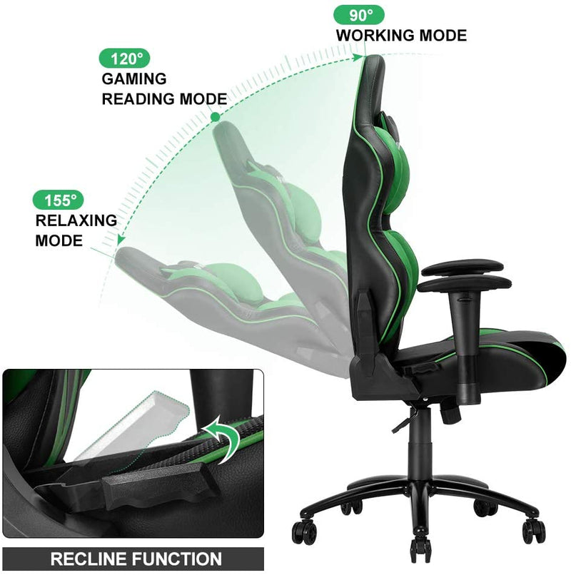 Homhum Ergonomic Reclining Gaming Chair, Leather Racing Chair with High Backrest and Adjustable Seat, E-Sports Chair with Lumbar Pillow, Green