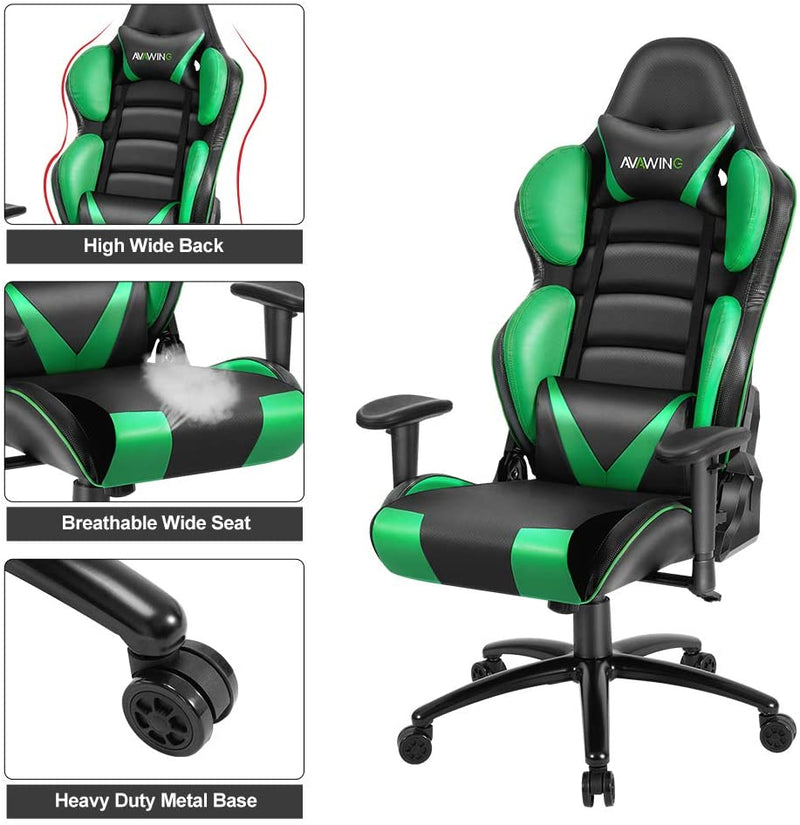 Homhum Ergonomic Reclining Gaming Chair, Leather Racing Chair with High Backrest and Adjustable Seat, E-Sports Chair with Lumbar Pillow, Green