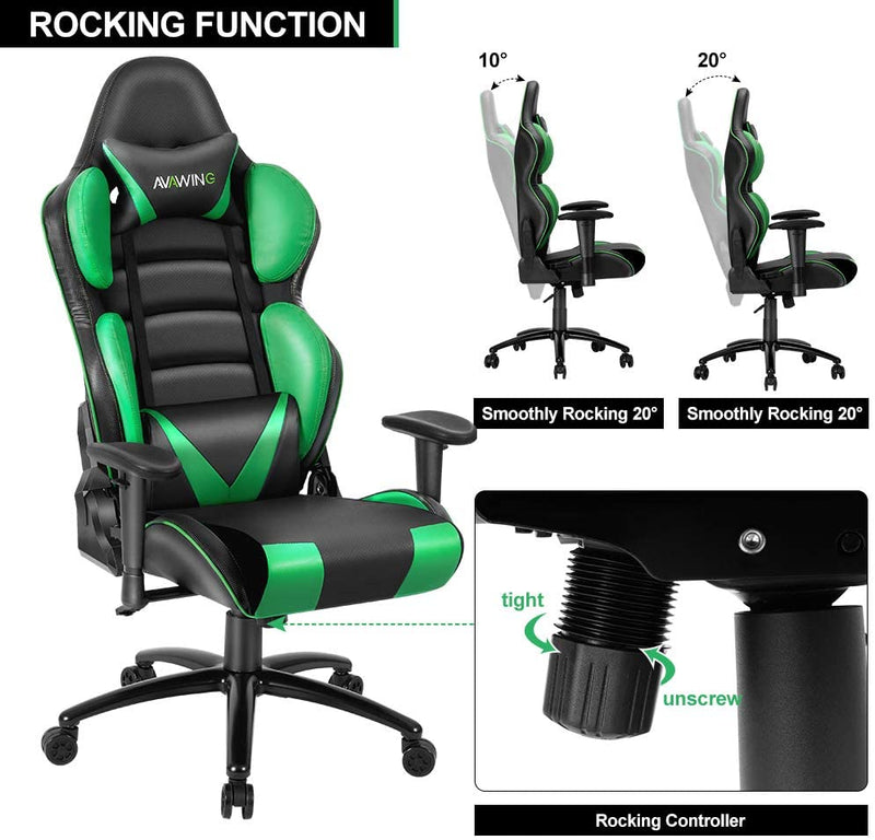 Homhum Ergonomic Reclining Gaming Chair, Leather Racing Chair with High Backrest and Adjustable Seat, E-Sports Chair with Lumbar Pillow, Green