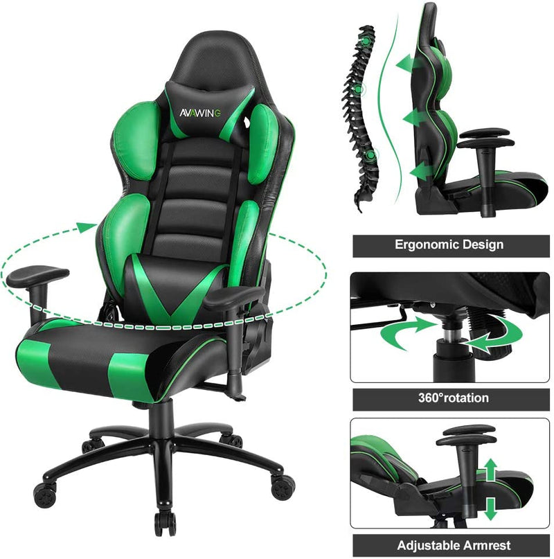 Homhum Ergonomic Reclining Gaming Chair, Leather Racing Chair with High Backrest and Adjustable Seat, E-Sports Chair with Lumbar Pillow, Green