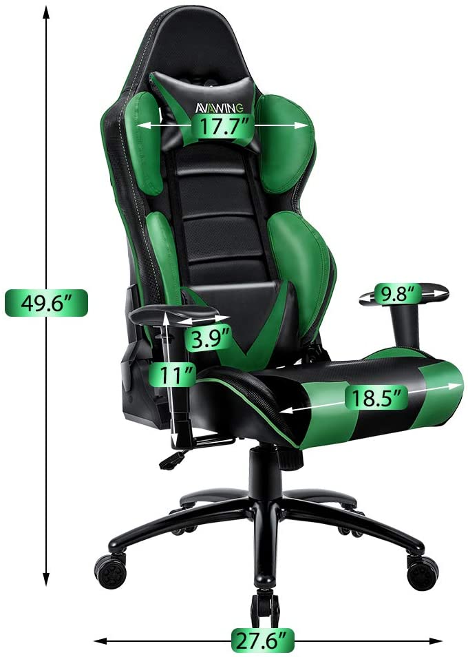 Homhum Ergonomic Reclining Gaming Chair, Leather Racing Chair with High Backrest and Adjustable Seat, E-Sports Chair with Lumbar Pillow, Green