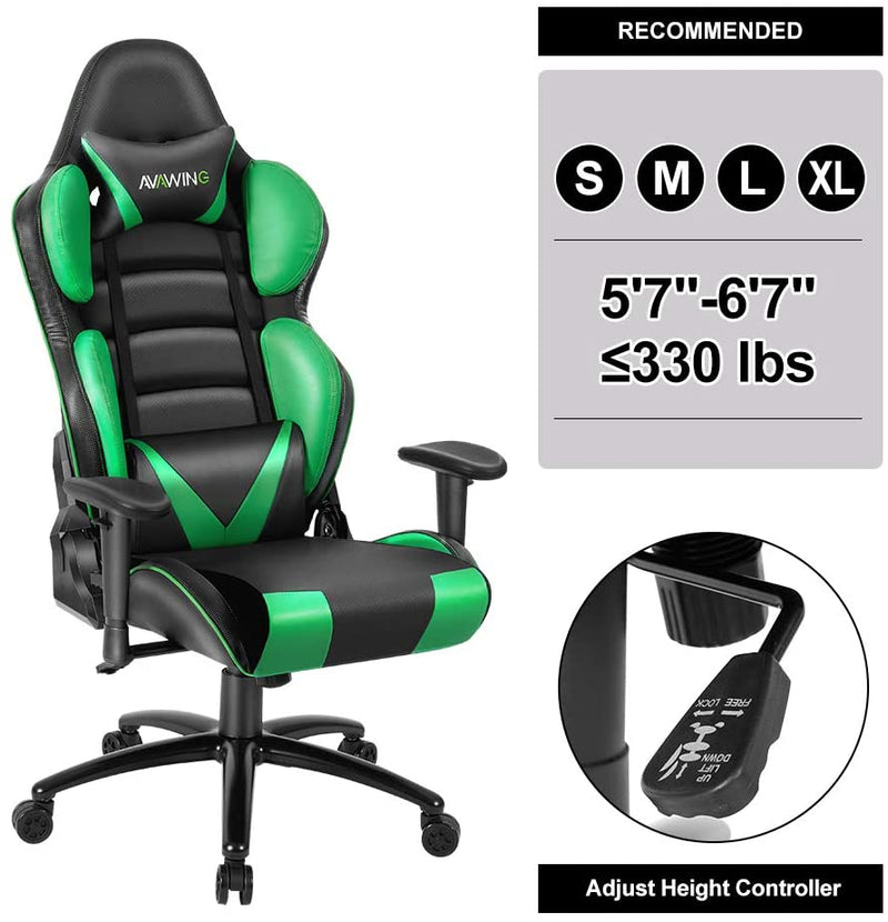Homhum Ergonomic Reclining Gaming Chair, Leather Racing Chair with High Backrest and Adjustable Seat, E-Sports Chair with Lumbar Pillow, Green