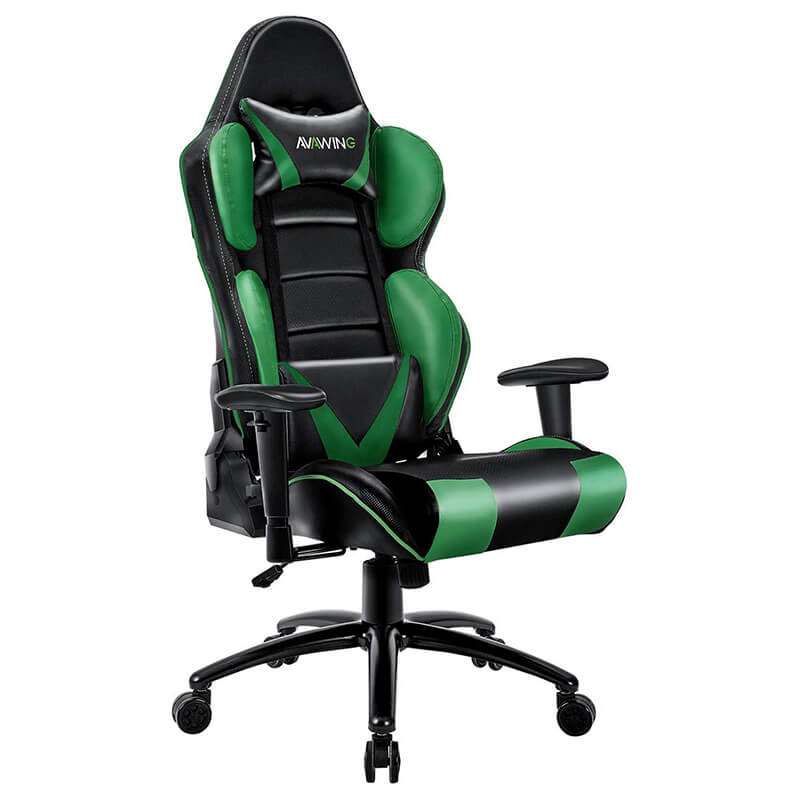 Homhum Ergonomic Reclining Gaming Chair, Leather Racing Chair with High Backrest and Adjustable Seat, E-Sports Chair with Lumbar Pillow, Green