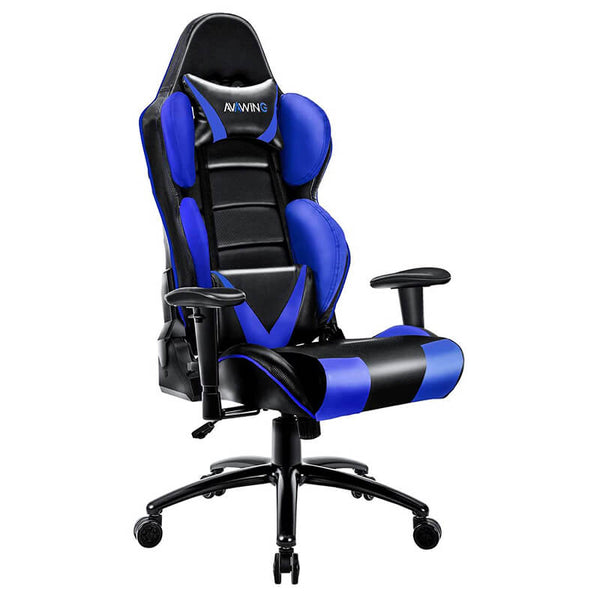 Ergonomic Reclining Gaming Chair, Leather Racing Chair with High Backrest and Adjustable Seat, E-Sports Chair with Lumbar Pillow, Blue