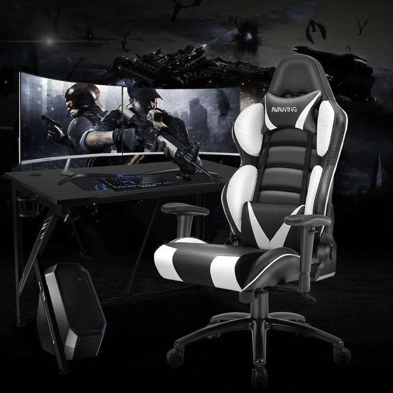 Homhum Ergonomic Reclining Gaming Chair, Leather Racing Chair with High Backrest and Adjustable Seat, E-Sports Chair with Lumbar Pillow, White