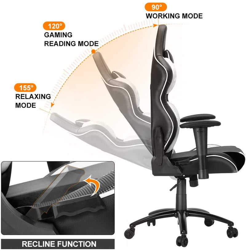 Homhum Ergonomic Reclining Gaming Chair, Leather Racing Chair with High Backrest and Adjustable Seat, E-Sports Chair with Lumbar Pillow, White