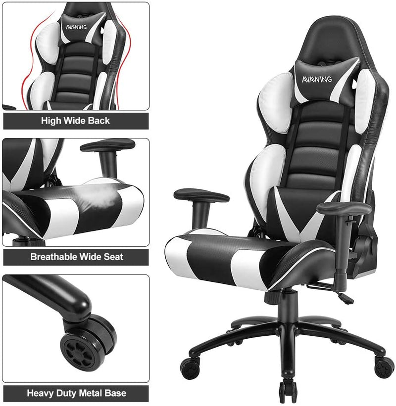 Homhum Ergonomic Reclining Gaming Chair, Leather Racing Chair with High Backrest and Adjustable Seat, E-Sports Chair with Lumbar Pillow, White