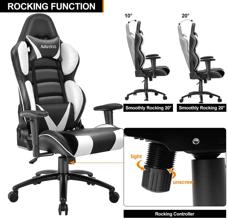 Homhum Ergonomic Reclining Gaming Chair, Leather Racing Chair with High Backrest and Adjustable Seat, E-Sports Chair with Lumbar Pillow, White