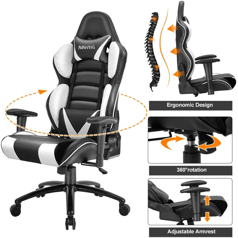 Homhum Ergonomic Reclining Gaming Chair, Leather Racing Chair with High Backrest and Adjustable Seat, E-Sports Chair with Lumbar Pillow, White