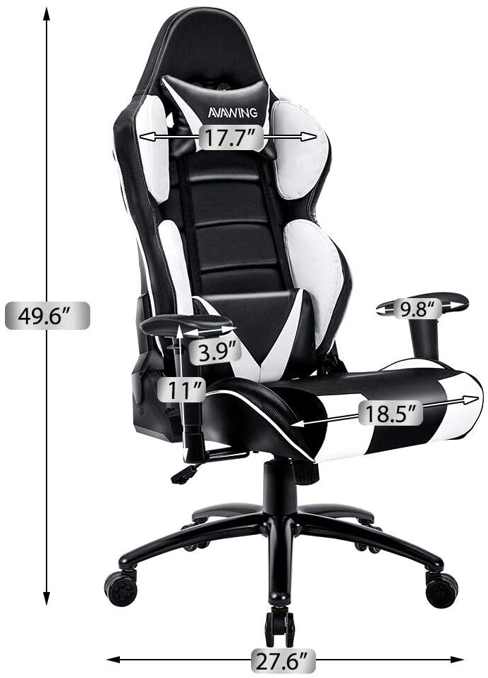 Homhum Ergonomic Reclining Gaming Chair, Leather Racing Chair with High Backrest and Adjustable Seat, E-Sports Chair with Lumbar Pillow, White