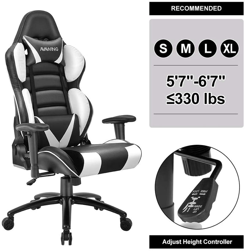 Homhum Ergonomic Reclining Gaming Chair, Leather Racing Chair with High Backrest and Adjustable Seat, E-Sports Chair with Lumbar Pillow, White